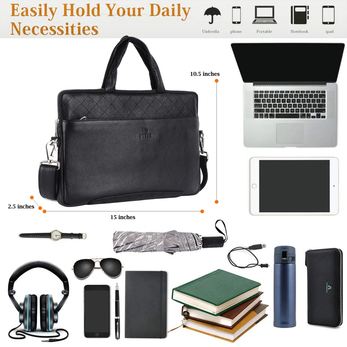 Textured Genuine Leather Laptop Bag – Black (0603), additional view 7