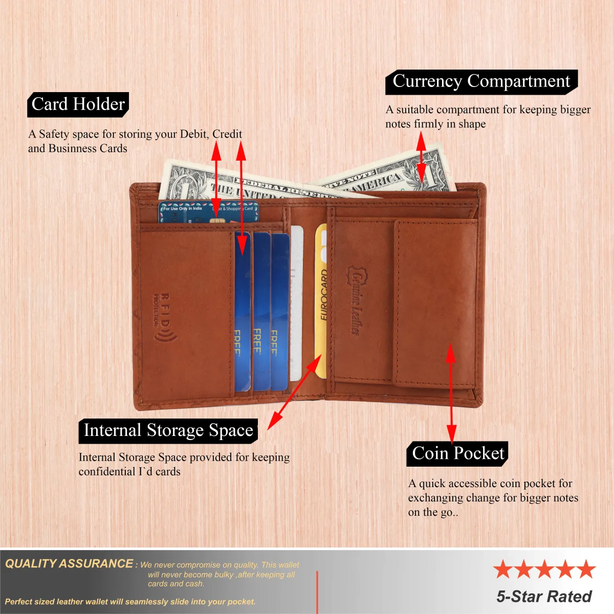 Men's Checkered-Embossed Genuine Leather Wallet – Tan (2201), additional view 8
