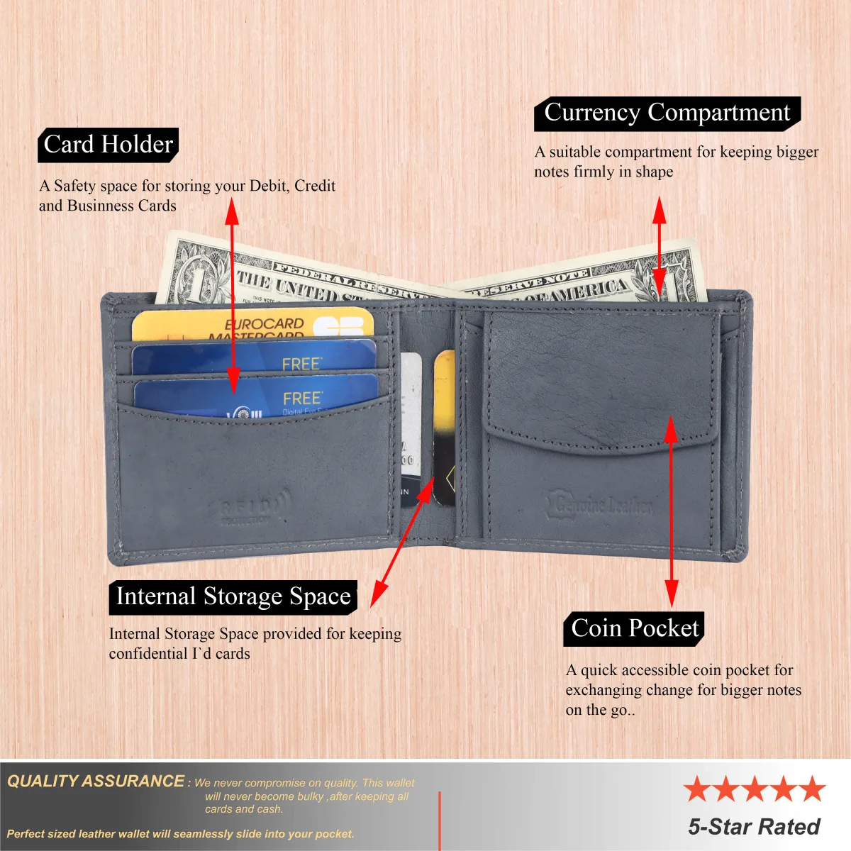 Men's 3-Card Genuine Leather Wallet with Coin Pocket – Grey (2214), additional view 9