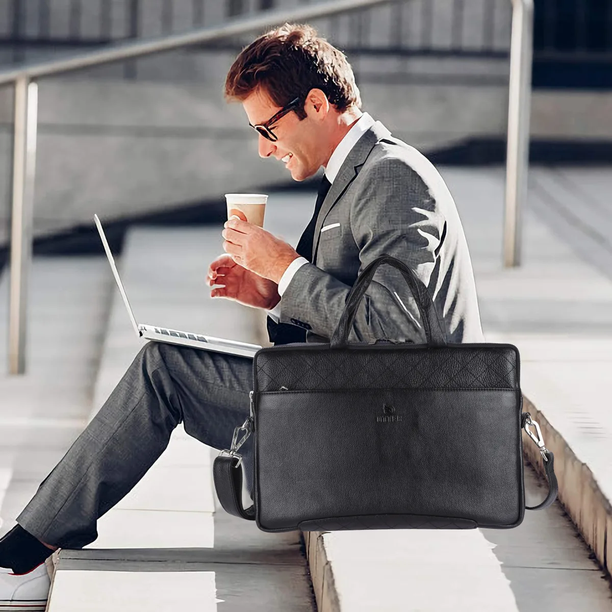 Textured Genuine Leather Laptop Bag – Black (0603), additional view 6