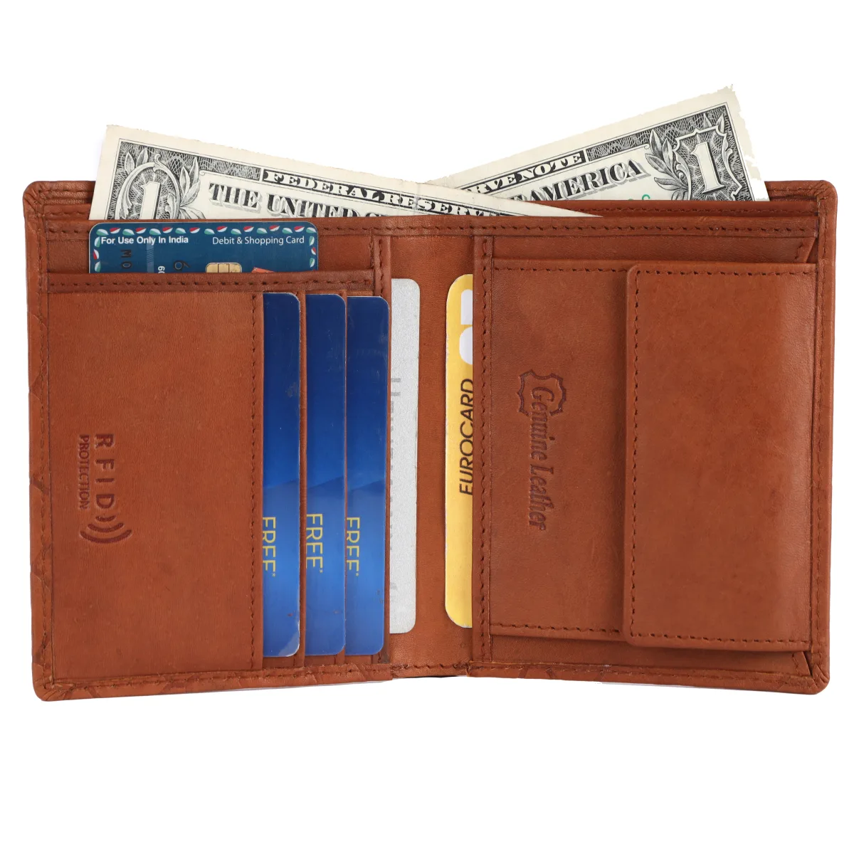 Men's Checkered-Embossed Genuine Leather Wallet – Tan (2201), additional view 5
