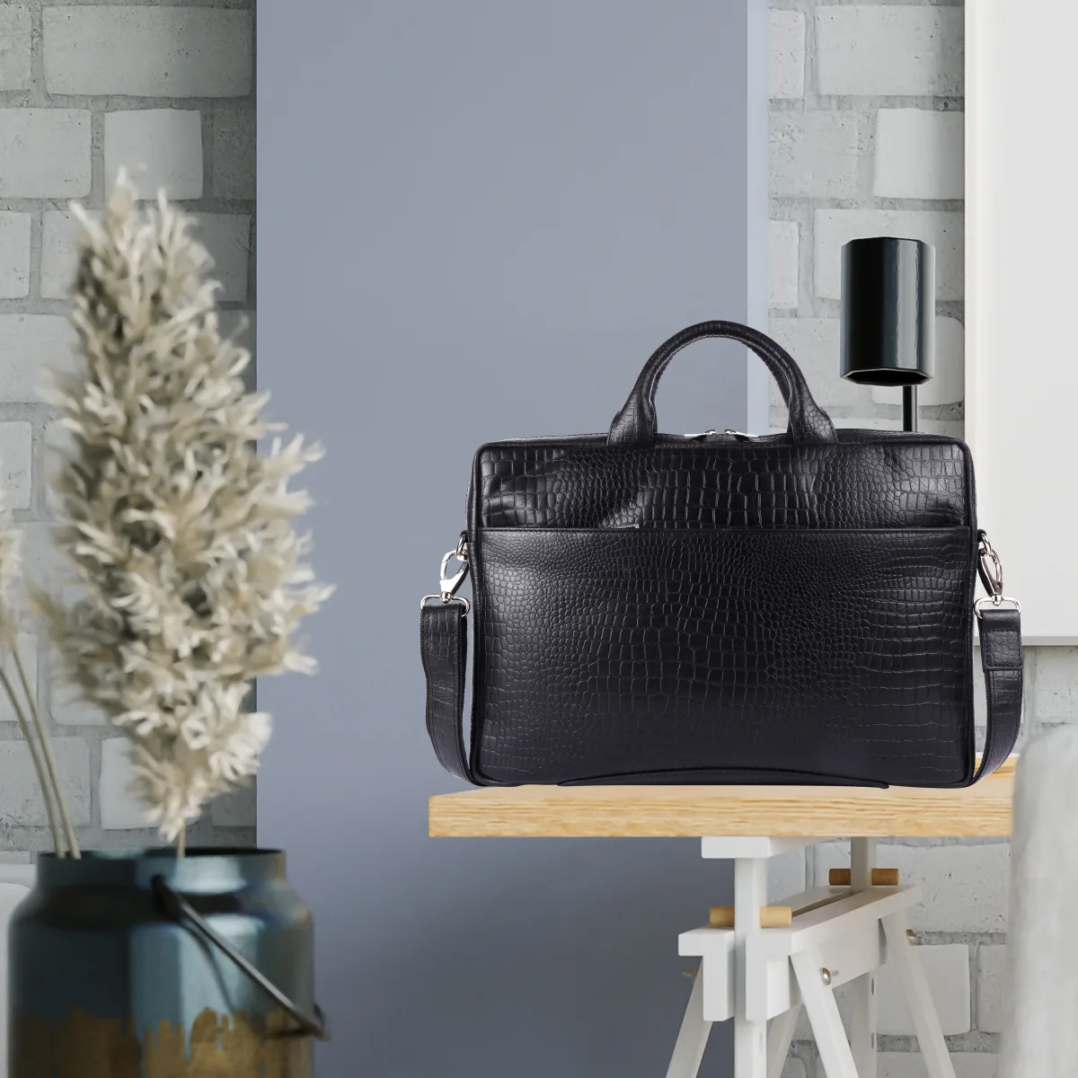 Crocodile-Embossed Genuine Leather Laptop Bag – Black (0603), additional view 9