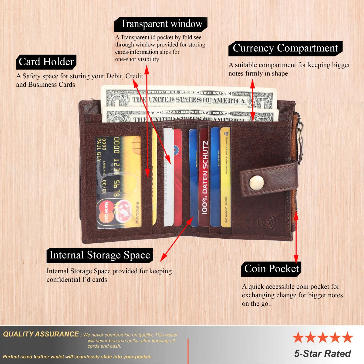 Men's 9-Card Genuine Leather Wallet with Coin Pocket – Brown (2203), additional view 12
