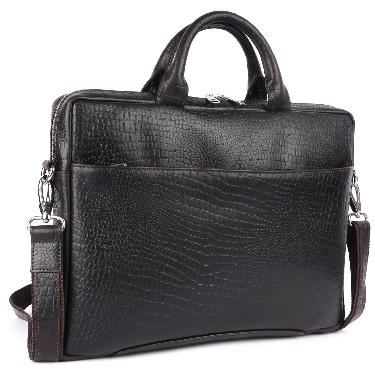 Crocodile-Embossed Genuine Leather Laptop Bag – Brown (0603), additional view 3